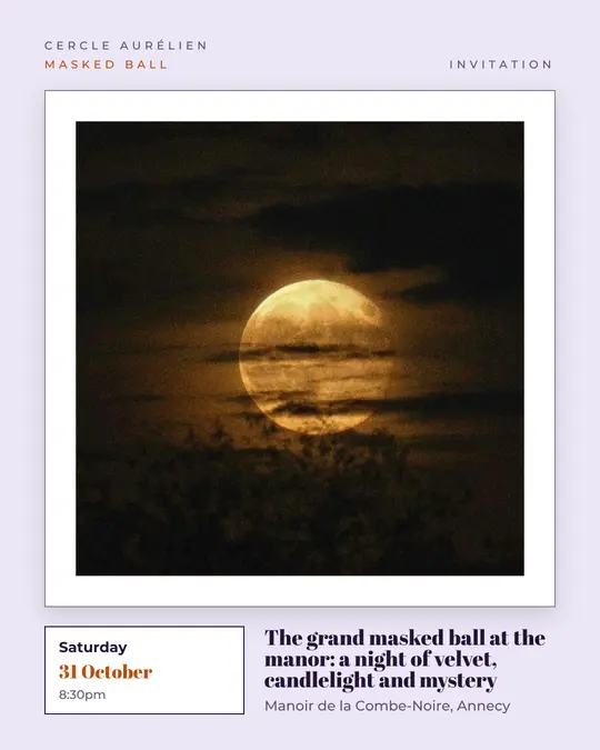 Sample flyer, "Gallery · Lavender mist" template, Halloween: "The grand masked ball at the manor: a night of velvet, candlelight and mystery"