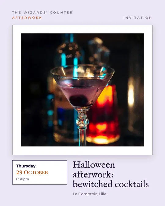 Sample flyer, "Gallery · Lavender mist" template, Halloween: "Halloween afterwork: bewitched cocktails"