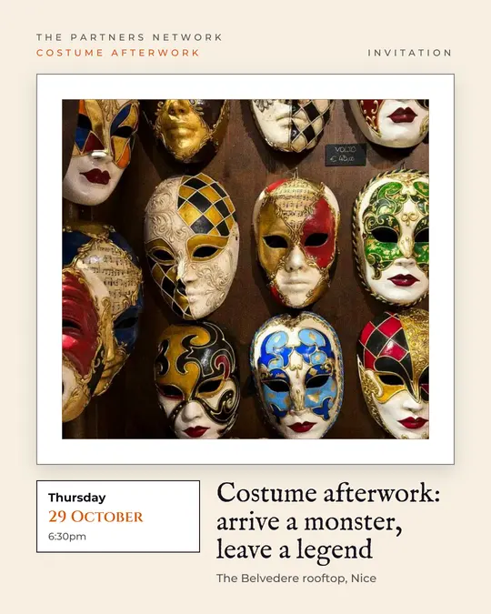Sample flyer, "Gallery · Cream, black and orange" template, Halloween: "Costume afterwork: arrive a monster, leave a legend"