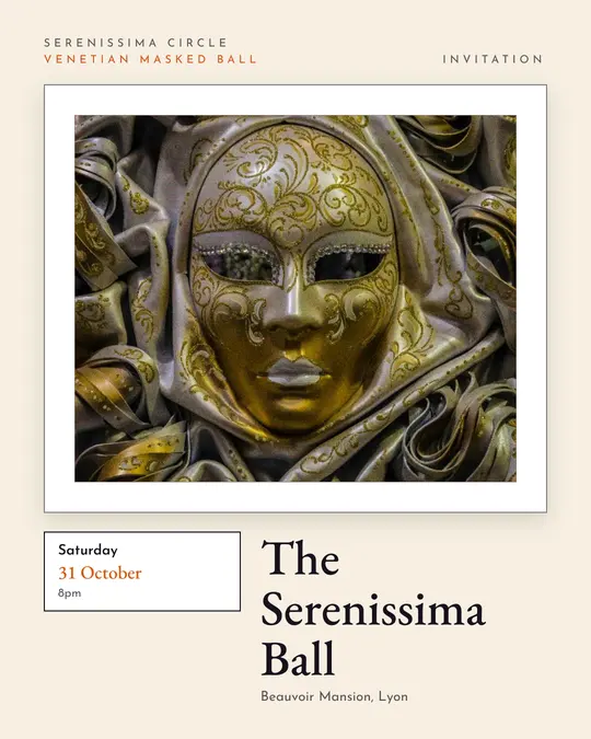 Sample flyer, "Gallery · Cream, black and orange" template, Halloween: "The Serenissima Ball"
