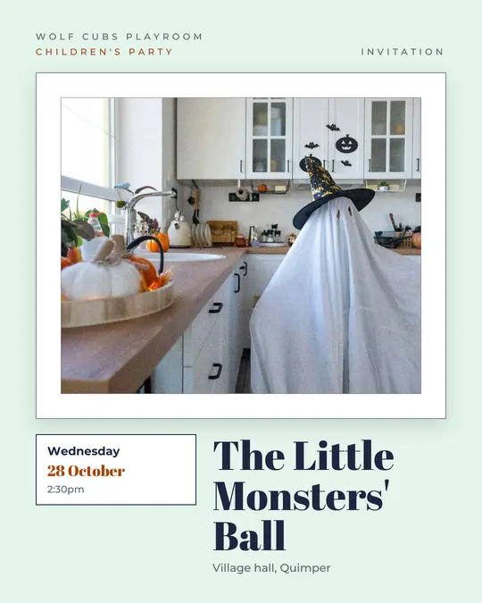 Sample flyer, "Gallery · Ghost and mint" template, Halloween: "The Little Monsters' Ball"