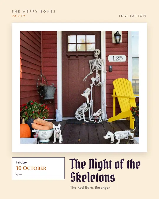 Sample flyer, "Gallery · Paper and pumpkin" template, Halloween: "The Night of the Skeletons"