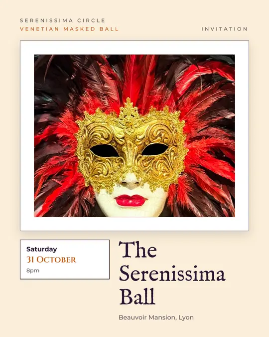 Sample flyer, "Gallery · Paper and pumpkin" template, Halloween: "The Serenissima Ball"