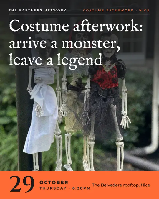 Sample flyer, "Cover · Orange on charcoal" template, Halloween: "Costume afterwork: arrive a monster, leave a legend"