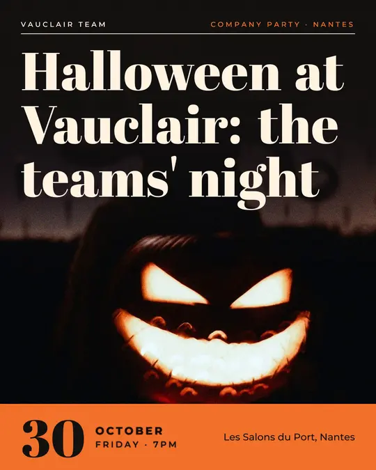 Sample flyer, "Cover · Ink and orange" template, Halloween: "Halloween at Vauclair: the teams' night"