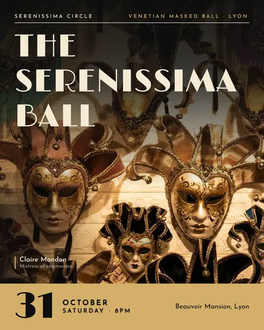 Sample flyer, "Cover · Black and gold" template, Halloween: "The Serenissima Ball"