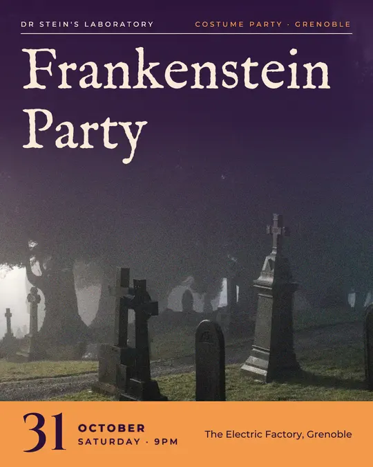 Sample flyer, "Cover · Purple and copper" template, Halloween: "Frankenstein Party"