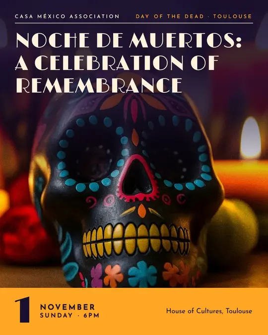 Sample flyer, "Cover · Marigold and night" template, Halloween: "Noche de Muertos: a celebration of remembrance"