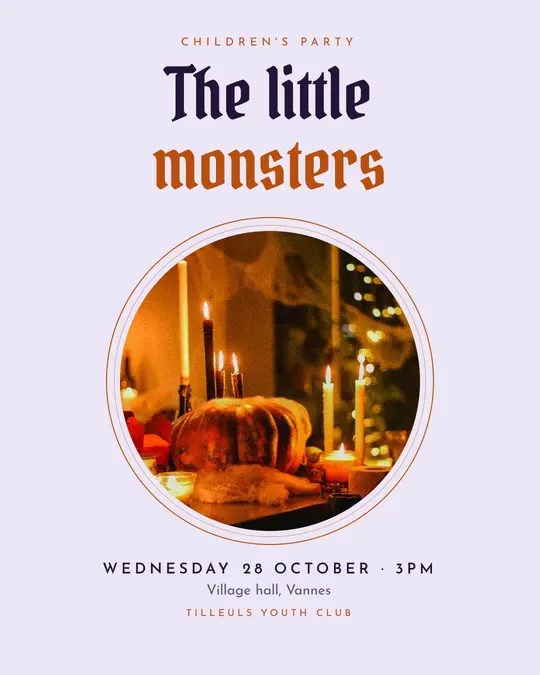 Sample flyer, "Medallion · Lavender mist" template, Halloween: "The little monsters"