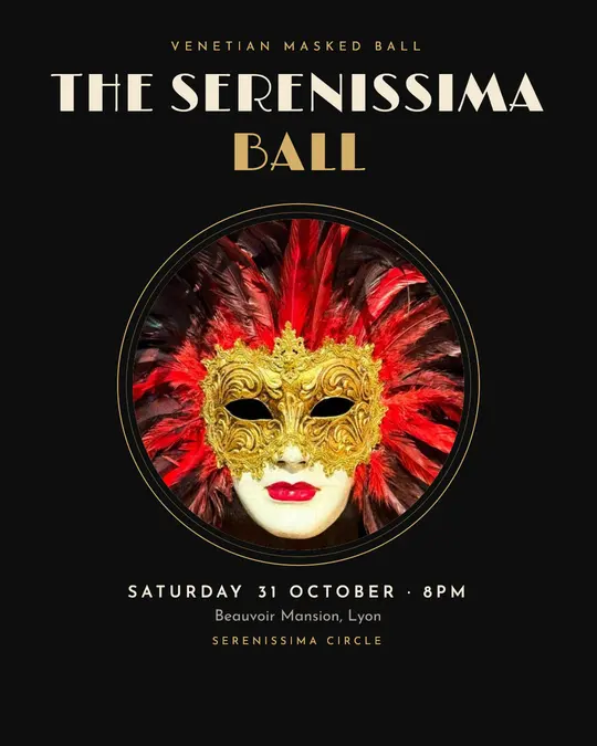 Sample flyer, "Medallion · Black and gold" template, Halloween: "The Serenissima Ball"