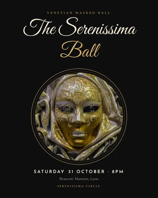 Sample flyer, "Medallion · Black and gold" template, Halloween: "The Serenissima Ball"