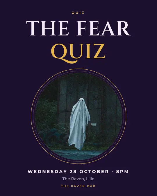 Sample flyer, "Medallion · Night violet and gold" template, Halloween: "The Fear Quiz"