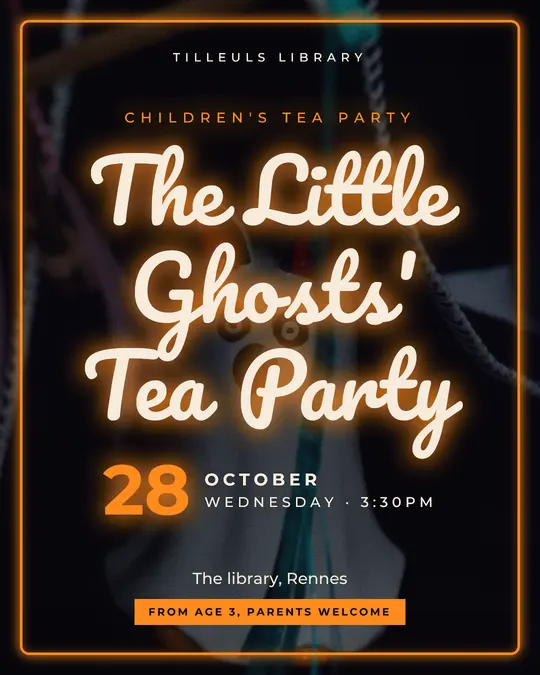 Sample flyer, "Neon · Night and pumpkin" template, Halloween: "The Little Ghosts' Tea Party"