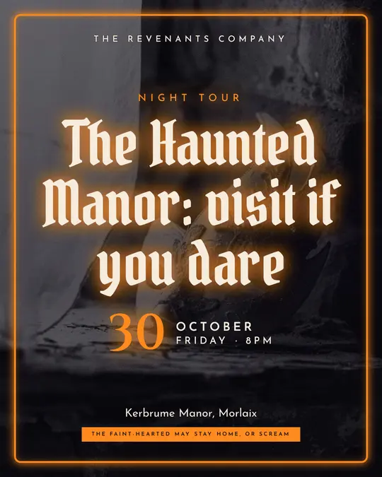 Sample flyer, "Neon · Night and pumpkin" template, Halloween: "The Haunted Manor: visit if you dare"