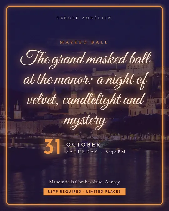 Sample flyer, "Neon · Purple and copper" template, Halloween: "The grand masked ball at the manor: a night of velvet, candlelight and mystery"