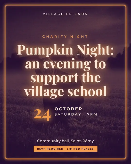 Sample flyer, "Neon · Purple and copper" template, Halloween: "Pumpkin Night: an evening to support the village school"