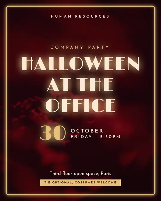 Sample flyer, "Neon · Velvet red" template, Halloween: "Halloween at the Office"