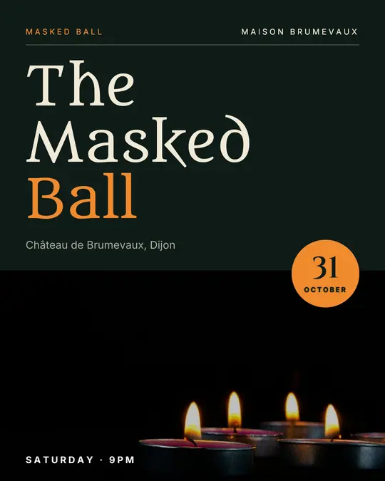Sample flyer, "Photo foot · Forest and pumpkin" template, Halloween: "The Masked Ball"