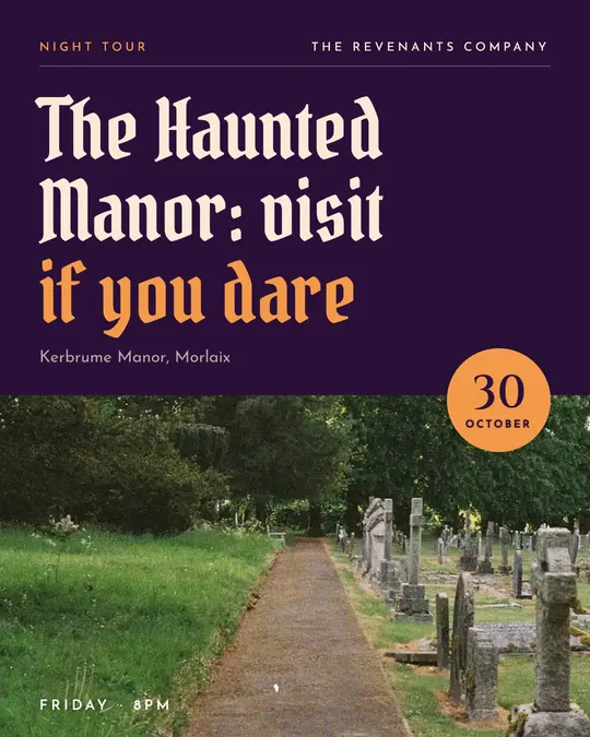 Sample flyer, "Photo foot · Purple and copper" template, Halloween: "The Haunted Manor: visit if you dare"