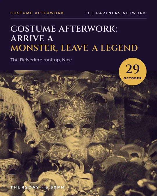 Sample flyer, "Photo foot · Night violet and gold" template, Halloween: "Costume afterwork: arrive a monster, leave a legend"