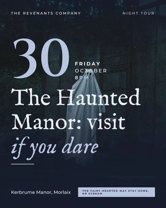 Sample flyer, "Grand poster · Moon mist" template, Halloween: "The Haunted Manor: visit if you dare"