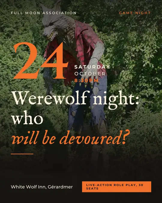 Sample flyer, "Grand poster · Ink and orange" template, Halloween: "Werewolf night: who will be devoured?"