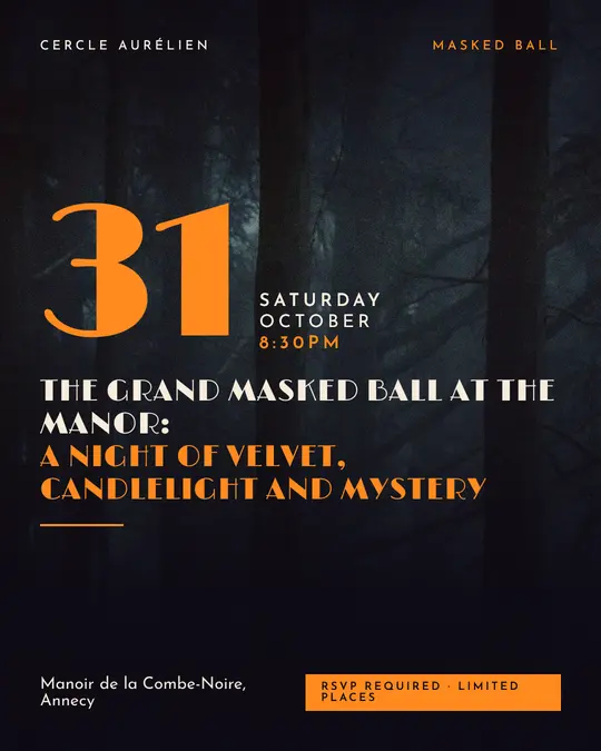 Sample flyer, "Grand poster · Night and pumpkin" template, Halloween: "The grand masked ball at the manor: a night of velvet, candlelight and mystery"