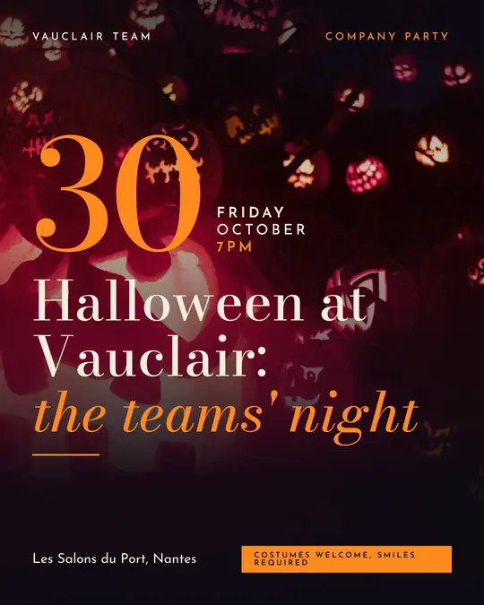Sample flyer, "Grand poster · Night and pumpkin" template, Halloween: "Halloween at Vauclair: the teams' night"
