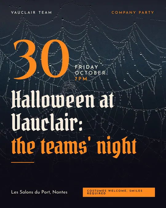 Sample flyer, "Grand poster · Night and pumpkin" template, Halloween: "Halloween at Vauclair: the teams' night"