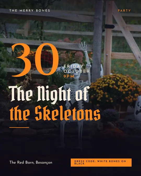 Sample flyer, "Grand poster · Night and pumpkin" template, Halloween: "The Night of the Skeletons"