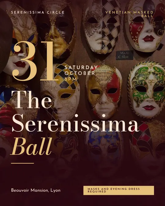 Sample flyer, "Grand poster · Velvet red" template, Halloween: "The Serenissima Ball"