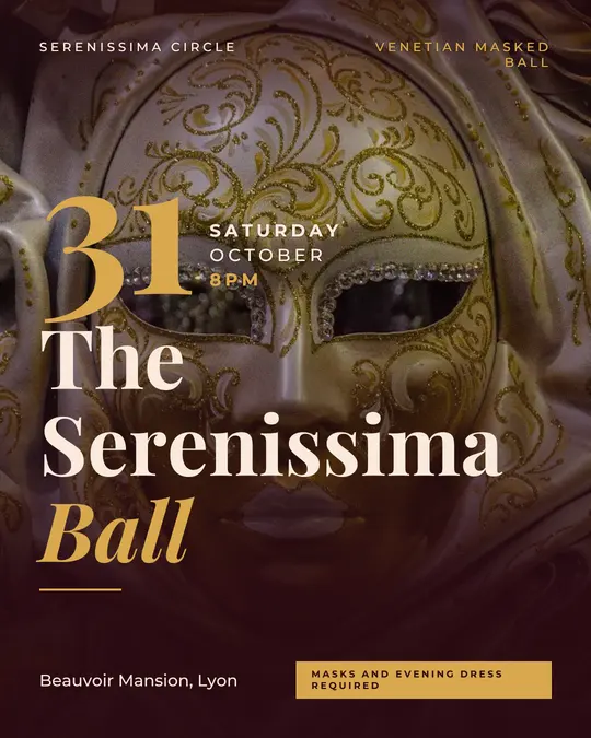 Sample flyer, "Grand poster · Dark burgundy and gold" template, Halloween: "The Serenissima Ball"