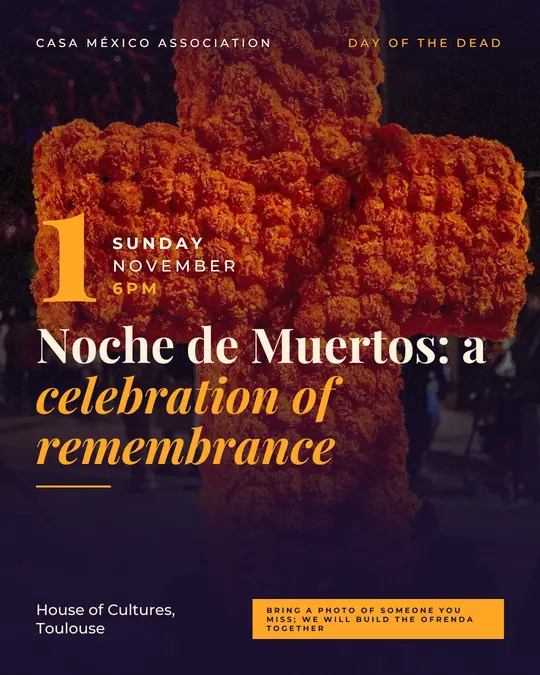 Sample flyer, "Grand poster · Marigold and night" template, Halloween: "Noche de Muertos: a celebration of remembrance"
