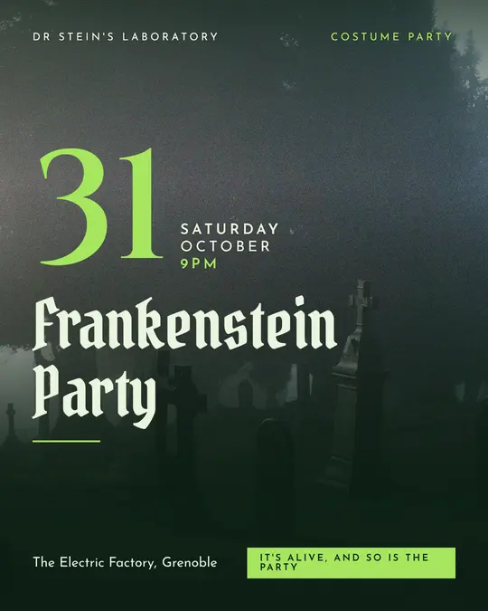 Sample flyer, "Grand poster · Laboratory green" template, Halloween: "Frankenstein Party"
