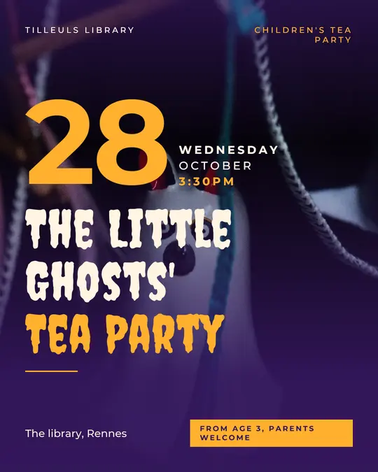 Sample flyer, "Grand poster · Candy violet" template, Halloween: "The Little Ghosts' Tea Party"
