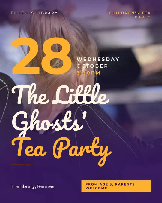 Sample flyer, "Grand poster · Candy violet" template, Halloween: "The Little Ghosts' Tea Party"