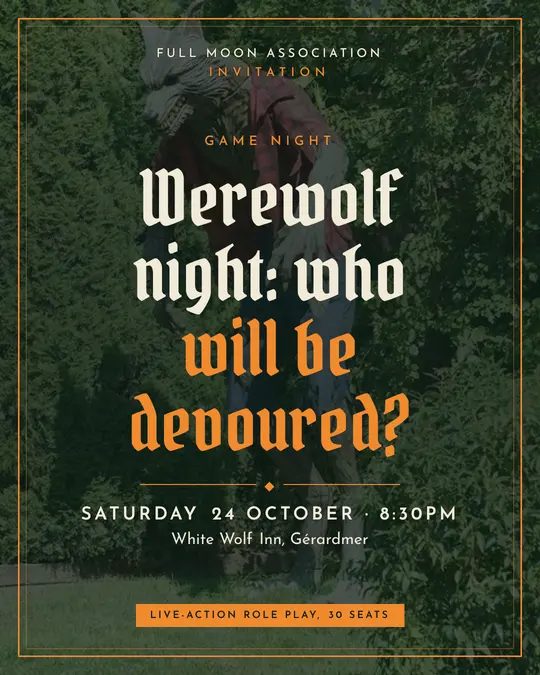 Sample flyer, "Framed card · Forest and pumpkin" template, Halloween: "Werewolf night: who will be devoured?"