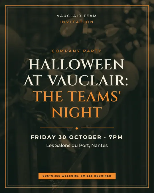 Sample flyer, "Framed card · Forest and pumpkin" template, Halloween: "Halloween at Vauclair: the teams' night"