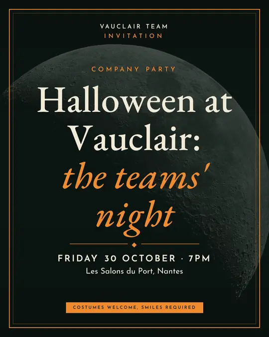 Sample flyer, "Framed card · Forest and pumpkin" template, Halloween: "Halloween at Vauclair: the teams' night"