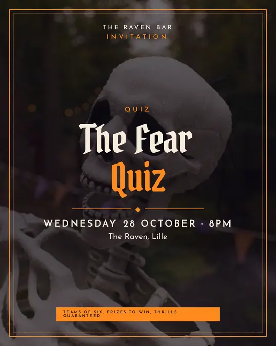 Sample flyer, "Framed card · Night and pumpkin" template, Halloween: "The Fear Quiz"