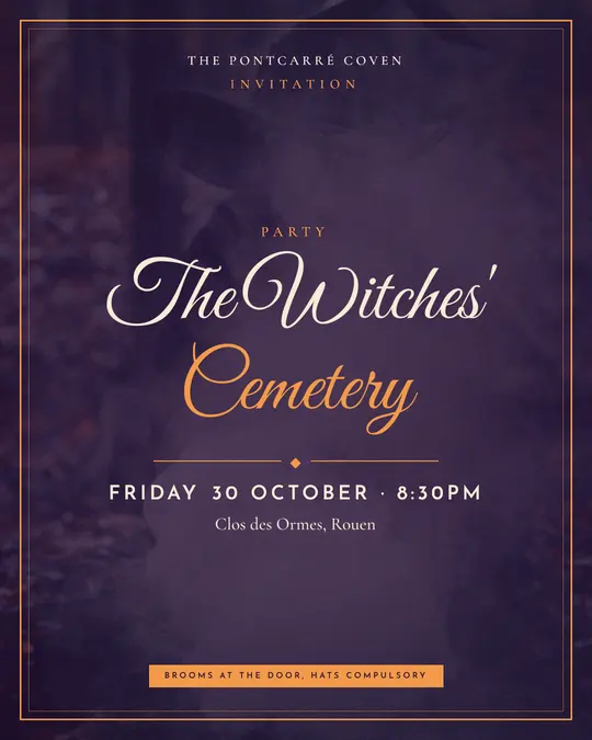 Sample flyer, "Framed card · Purple and copper" template, Halloween: "The Witches' Cemetery"