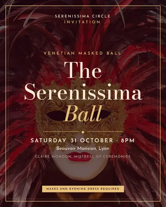 Sample flyer, "Framed card · Velvet red" template, Halloween: "The Serenissima Ball"
