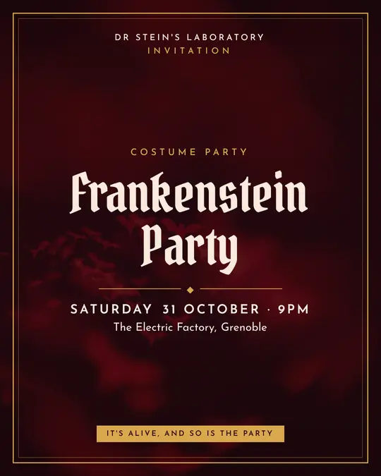 Sample flyer, "Framed card · Dark burgundy and gold" template, Halloween: "Frankenstein Party"