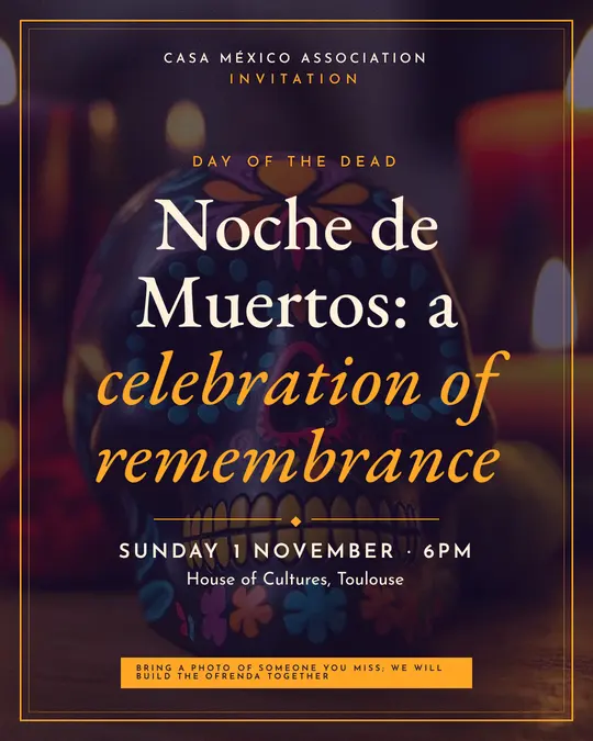 Sample flyer, "Framed card · Marigold and night" template, Halloween: "Noche de Muertos: a celebration of remembrance"