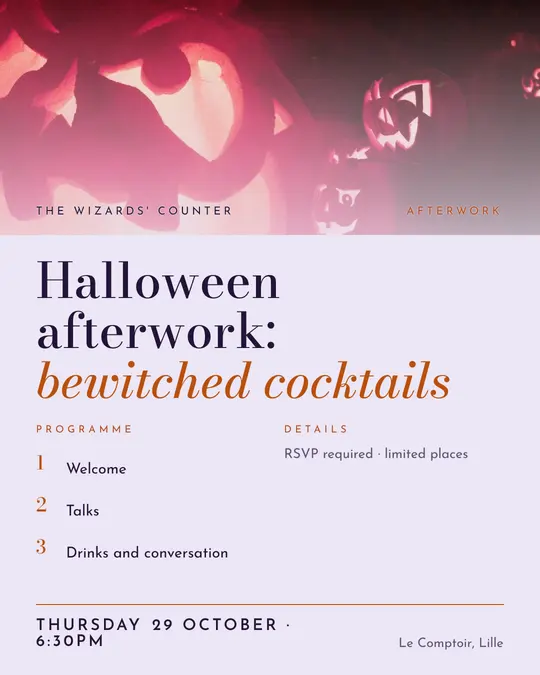 Sample flyer, "Programme · Lavender mist" template, Halloween: "Halloween afterwork: bewitched cocktails"