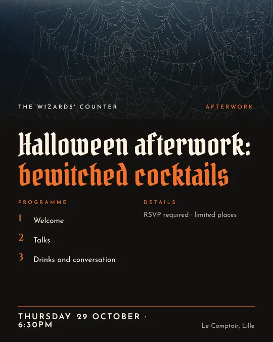 Sample flyer, "Programme · Ink and orange" template, Halloween: "Halloween afterwork: bewitched cocktails"