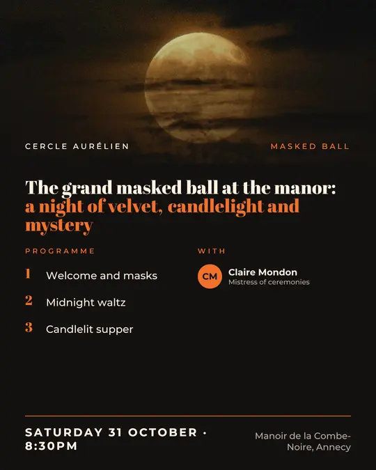 Sample flyer, "Programme · Ink and orange" template, Halloween: "The grand masked ball at the manor: a night of velvet, candlelight and mystery"