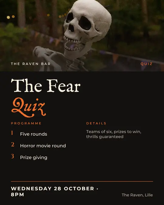Sample flyer, "Programme · Ink and orange" template, Halloween: "The Fear Quiz"