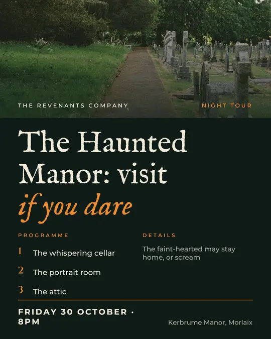 Sample flyer, "Programme · Forest and pumpkin" template, Halloween: "The Haunted Manor: visit if you dare"
