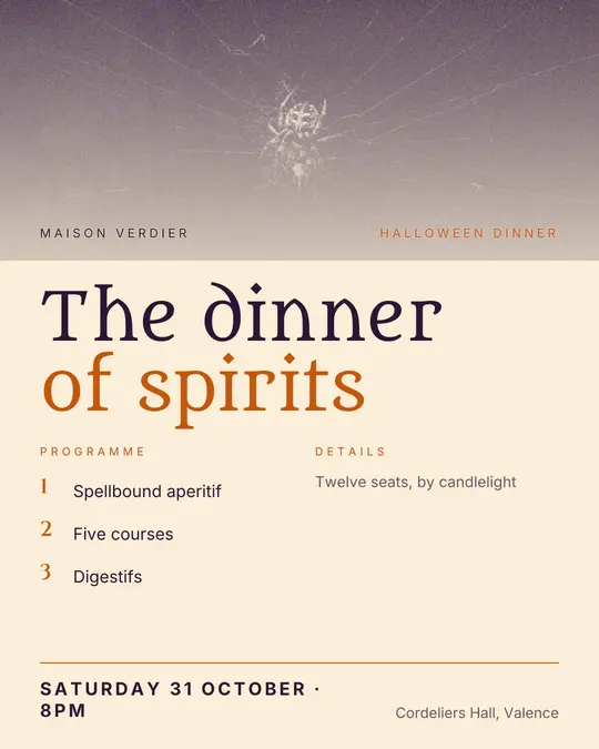 Sample flyer, "Programme · Paper and pumpkin" template, Halloween: "The dinner of spirits"